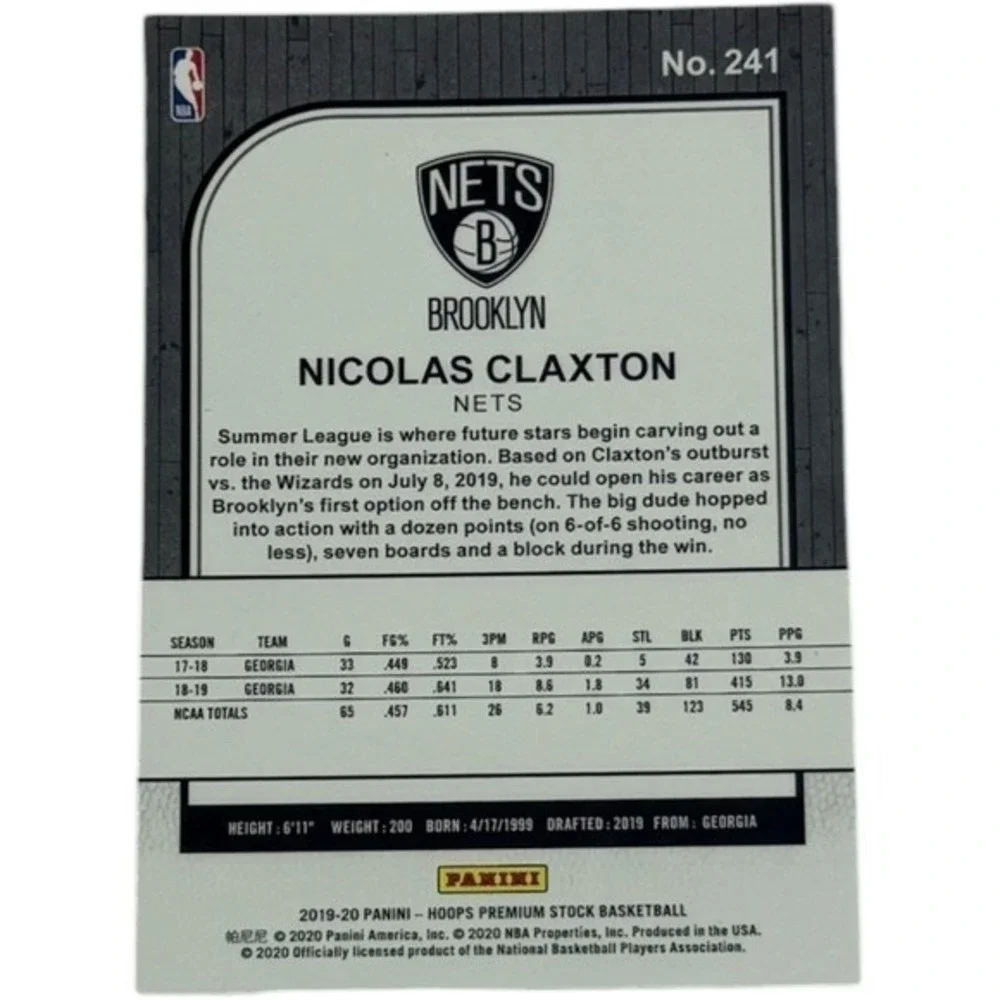 2019 2020 Panini NBA Hoops‎ Premium Stock Nicolas Claxton RC Card Brooklyn Nets